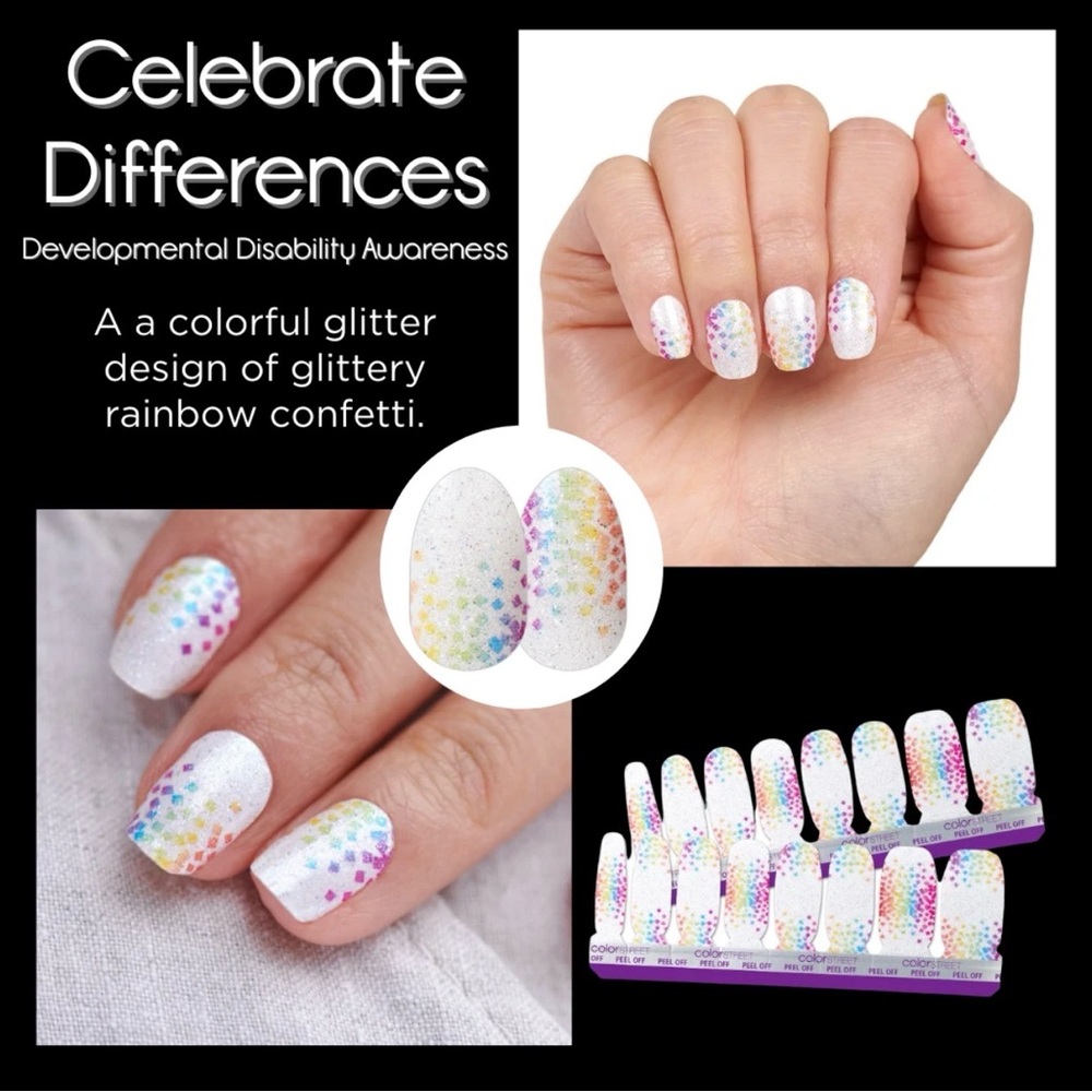 Color Street White Press-On Nails with Rainbow Glitter Confetti